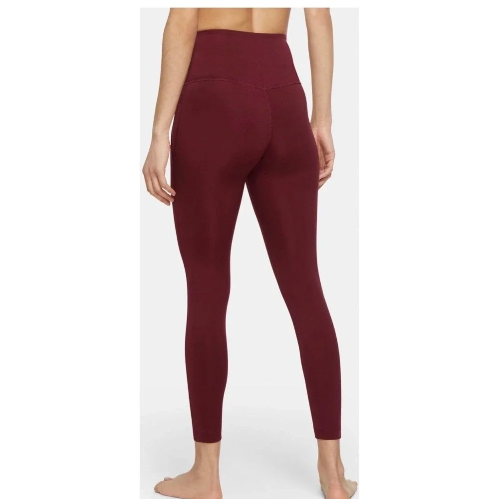 Nike Yoga Dri-FIT High Waisted Leggings Burgundy Rose Gold Metallic Trim Small